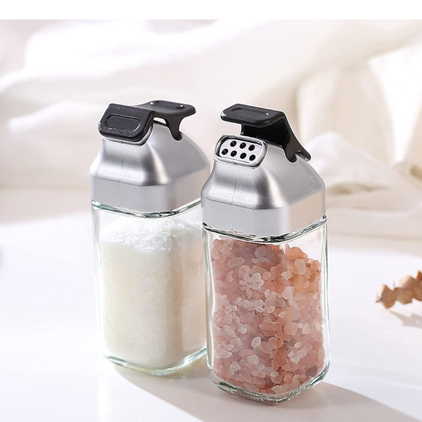 Glass Oil Dispenser Bottles & Condiment Spice Shakers Combo Set With Storage Base (2 x 175ml Oil Bottles & 2 x 90ml Spice Shakers)