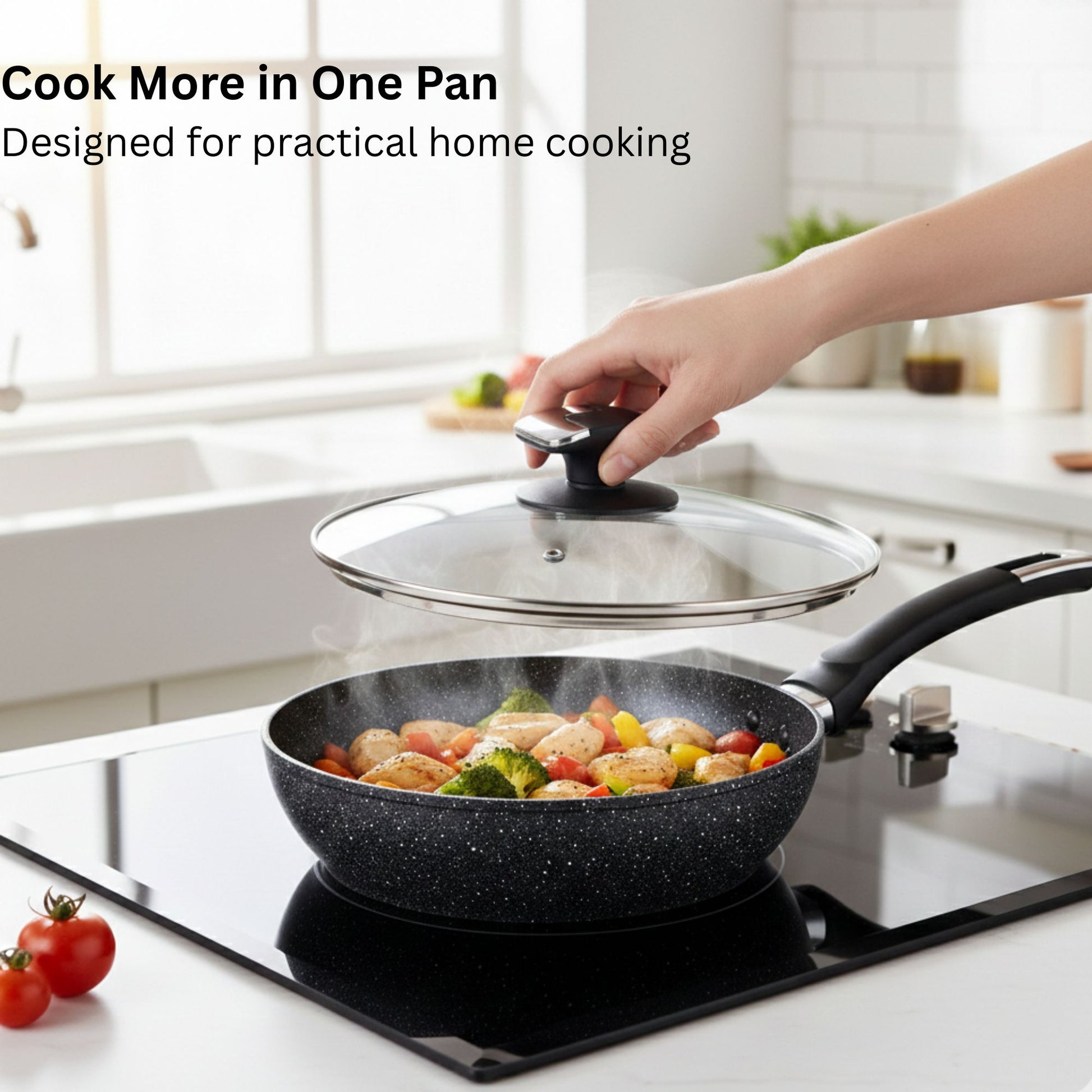 24cm Deep Frying Pan with Lid | Non-Stick Granite Coating, Induction Safe – Houszy