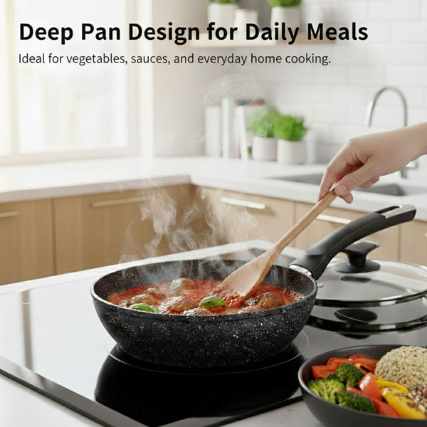 24cm Deep Frying Pan with Lid | Non-Stick Granite Coating, Induction Safe – Houszy