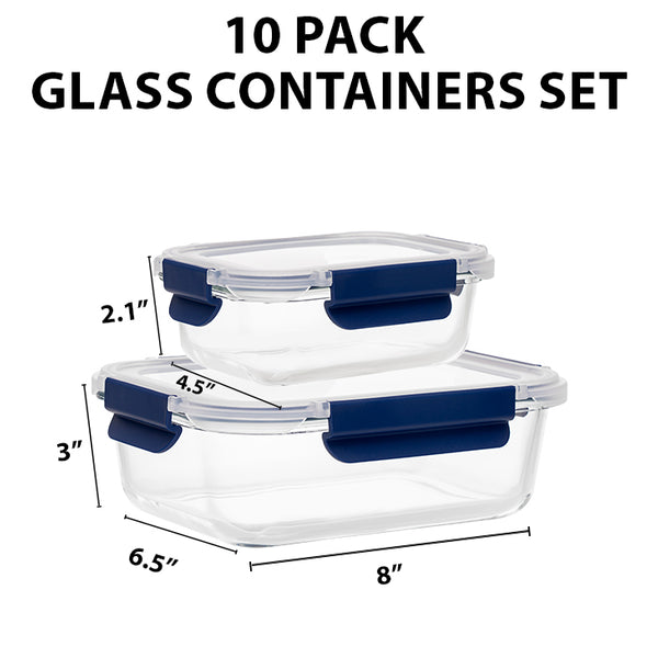 Glass Meal Prep Containers With Snap Lock Lids - Set Of 10 (Blue) - Houszy
