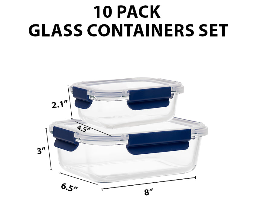 Glass Meal Prep Containers With Snap Lock Lids - Set Of 10 (Blue) - Houszy