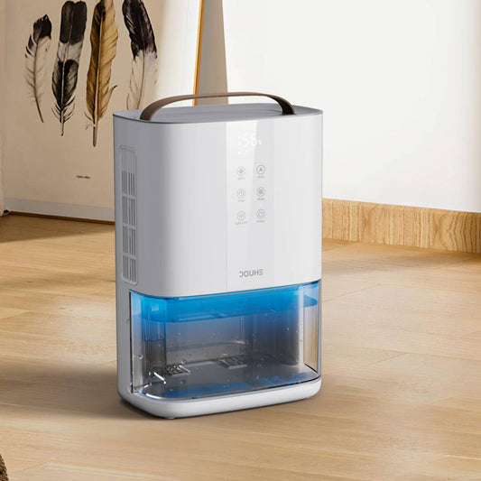 Houszy Semiconductor Dehumidifier for Home, 2300ml Tank, 500±30ml/Day, 3 Modes (Sleep/Low/Strong), Digital Humidity Display, Timer, Auto‑Defrost, Carbon Filter + UVA + Negative Ions, 7 Ambient Lights, Handle