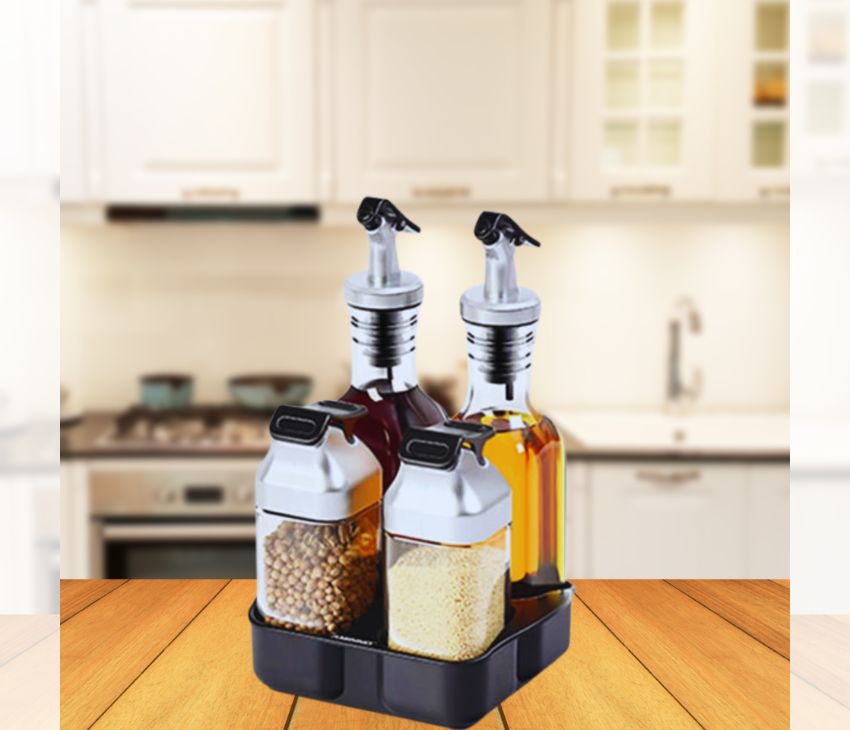 Glass Oil Dispenser Bottles & Condiment Shakers With Rotating Storage Rack-Set Of 5