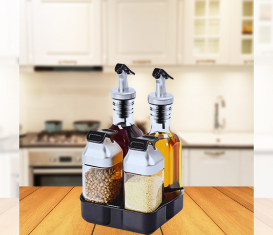 Glass Oil Dispenser Bottles & Condiment Shakers With Rotating Storage Rack-Set Of 5