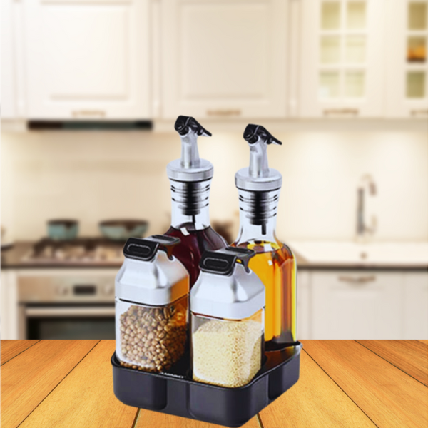 Glass Oil Dispenser Bottles & Condiment Shakers With Rotating Storage Rack-Set Of 5