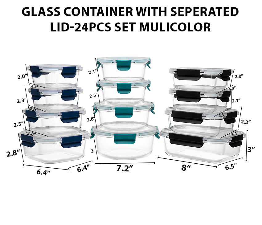 Glass Meal Prep Containers With Snap Lock Lids - 24pcs Set (Green-Blue-Black)