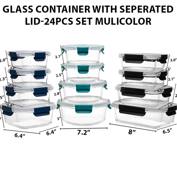 Glass Meal Prep Containers With Snap Lock Lids - 24pcs Set (Green-Blue-Black)