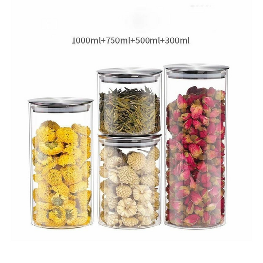 High Borosilicate Glass Sealed Storage Jar Set of 4 With Stainless Steel
