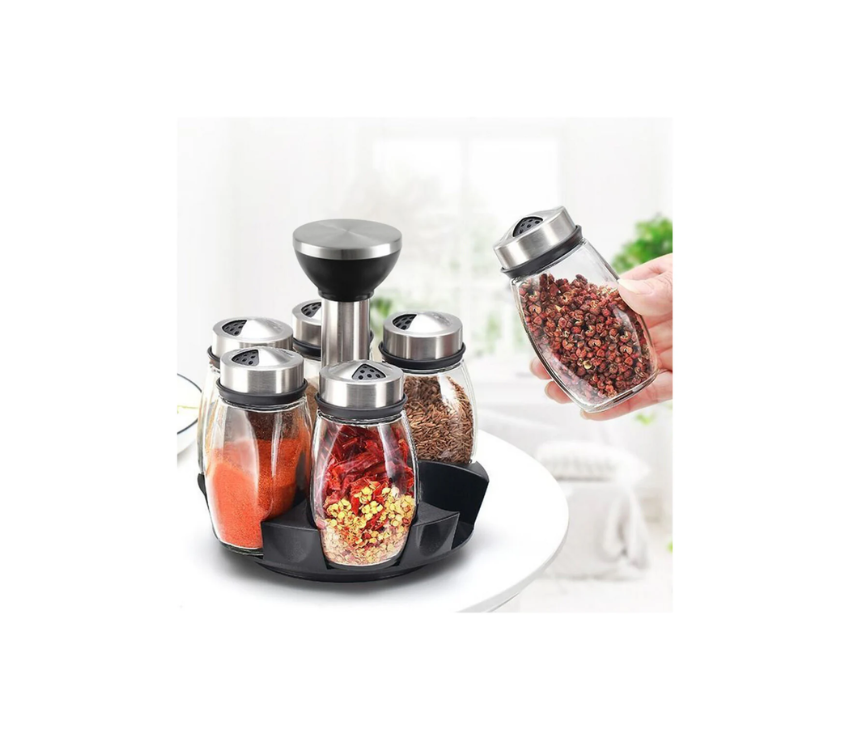 Glass Spice Shakers With Airtight Stainless Steel Lids & Rotating Spice Rack