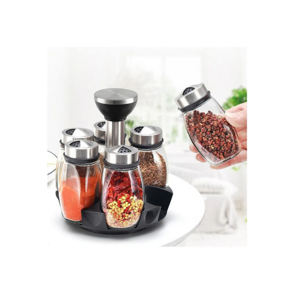 Glass Spice Shakers With Airtight Stainless Steel Lids & Rotating Spice Rack