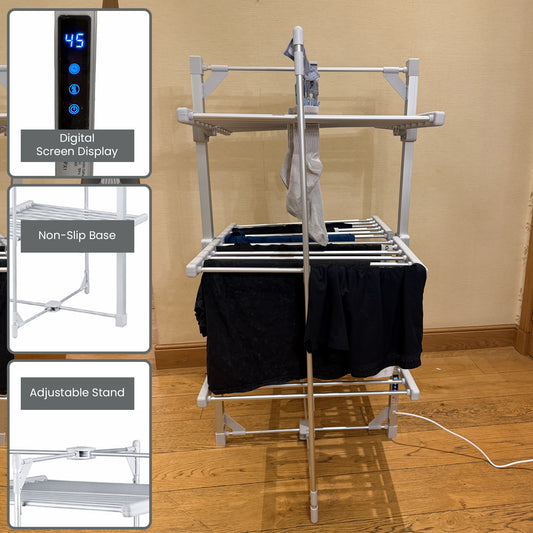 3-Tier Electric Heated Clothes Airer with Cover & Peg Hooks, Touch Screen Timer Display, Foldable Indoor Laundry Dryer Rack (Timer Auto-Off)