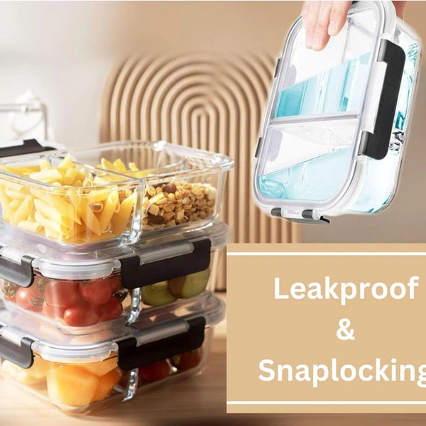 3-Compartment Glass Meal Prep Containers With Snap Lock Lids–Set Of 3-Houszy®