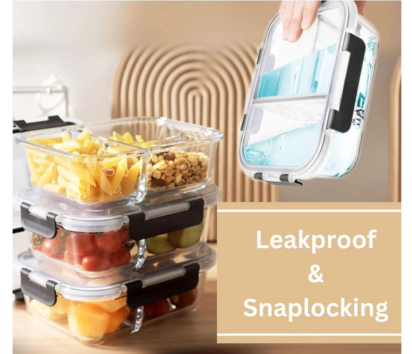 3-Compartment Glass Meal Prep Containers With Snap Lock Lids–Set Of 3