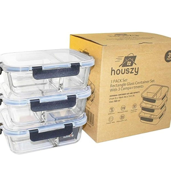 3-Compartment Glass Meal Prep Containers With Snap Lock Lids–Set Of 3-Houszy®