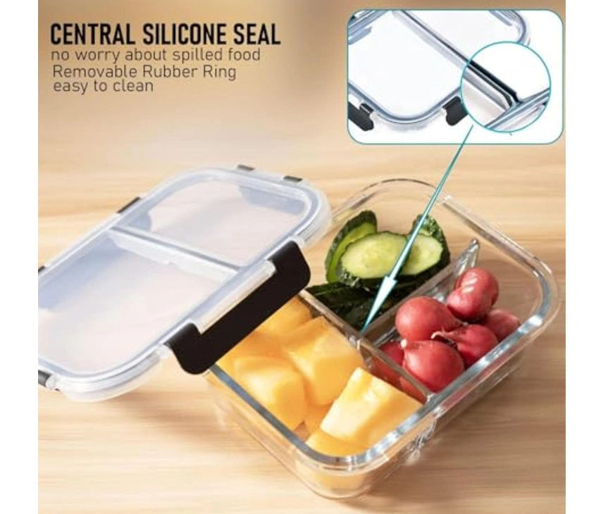 3-Compartment Glass Meal Prep Containers With Snap Lock Lids–Set Of 3