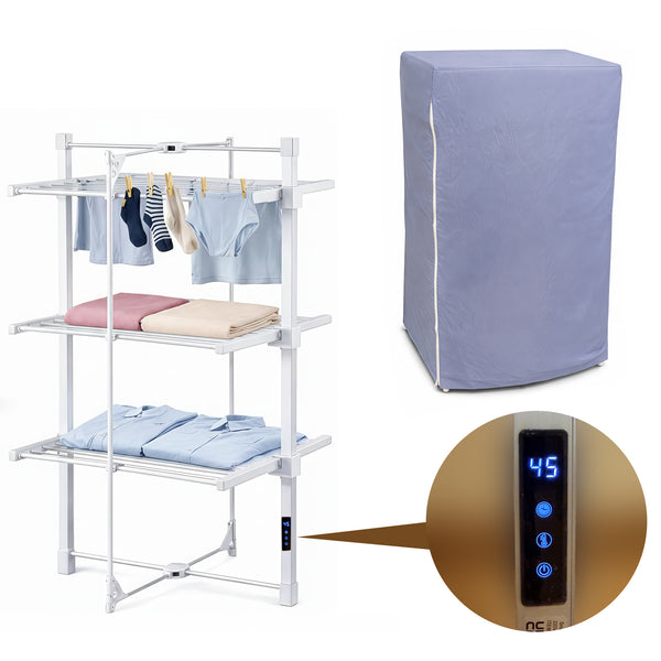 3-Tier Electric Heated Clothes Airer with Cover & Peg Hooks, Touch Screen Timer Display, Foldable Indoor Laundry Dryer Rack (Timer Auto-Off)