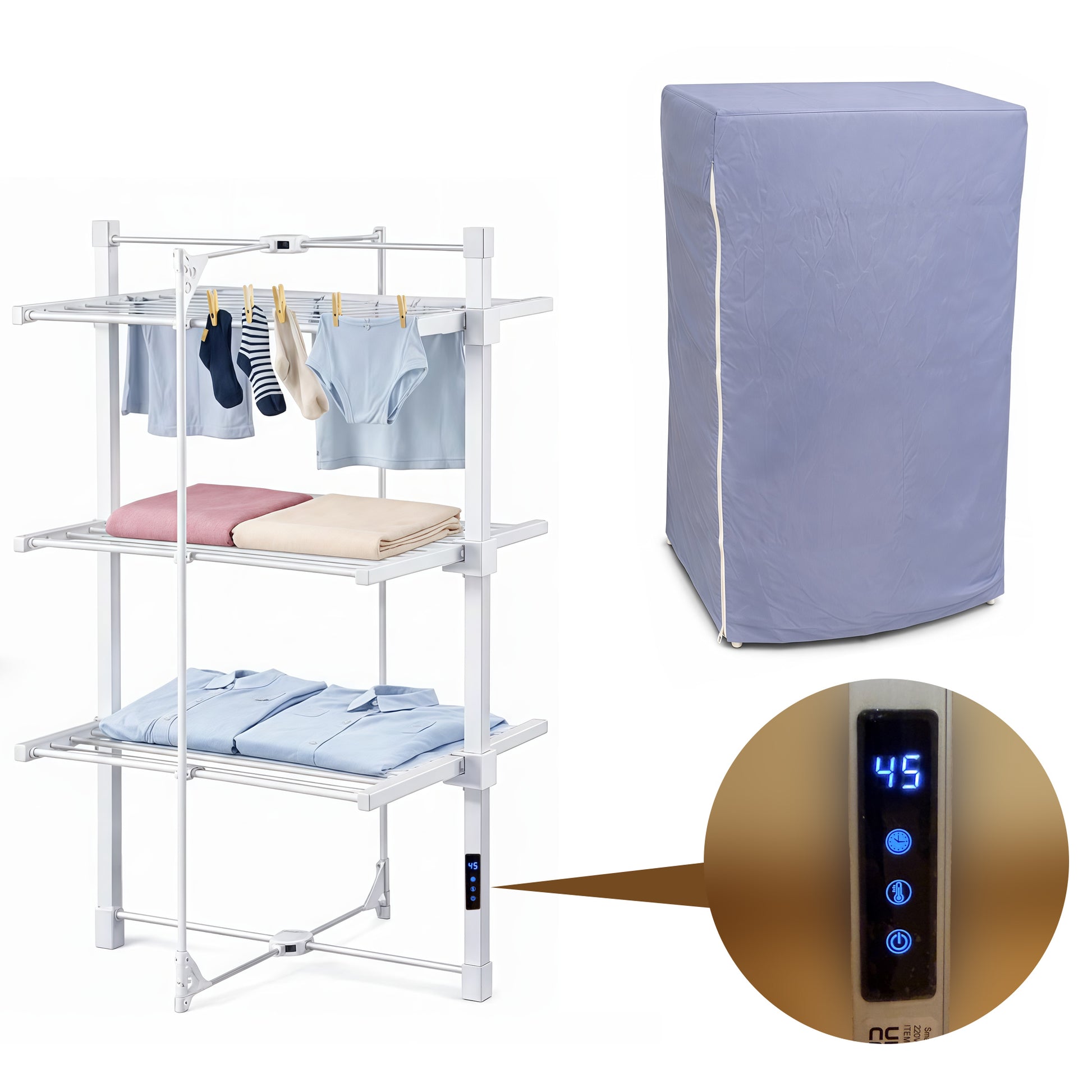 3-Tier Electric Heated Clothes Airer with Cover & Peg Hooks, Touch Screen Timer Display, Foldable Indoor Laundry Dryer Rack (Timer Auto-Off)