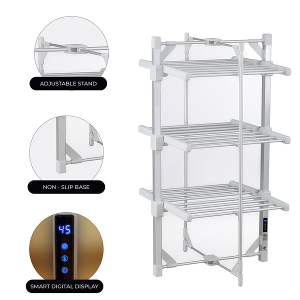 3-Tier Electric Heated Clothes Airer with Cover & Peg Hooks, Touch Screen Timer Display, Foldable Indoor Laundry Dryer Rack (Timer Auto-Off)