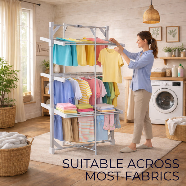 3-Tier Electric Heated Clothes Airer with Cover & Peg Hooks, Touch Screen Timer Display, Foldable Indoor Laundry Dryer Rack (Timer Auto-Off)