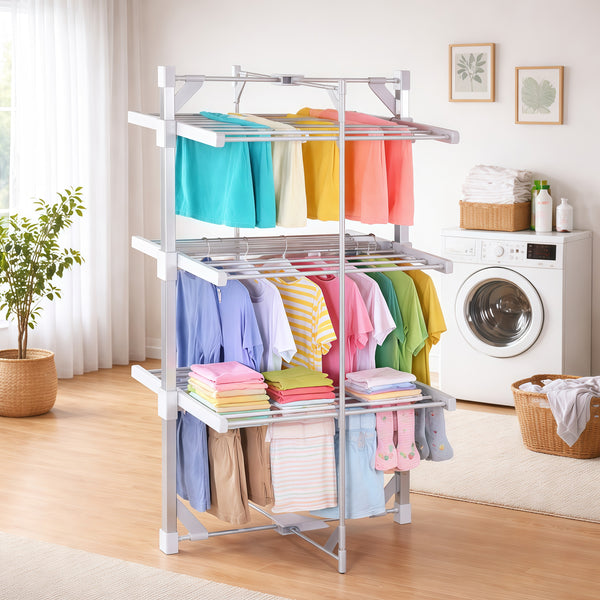 3-Tier Electric Heated Clothes Airer with Cover & Peg Hooks, Touch Screen Timer Display, Foldable Indoor Laundry Dryer Rack (Timer Auto-Off)