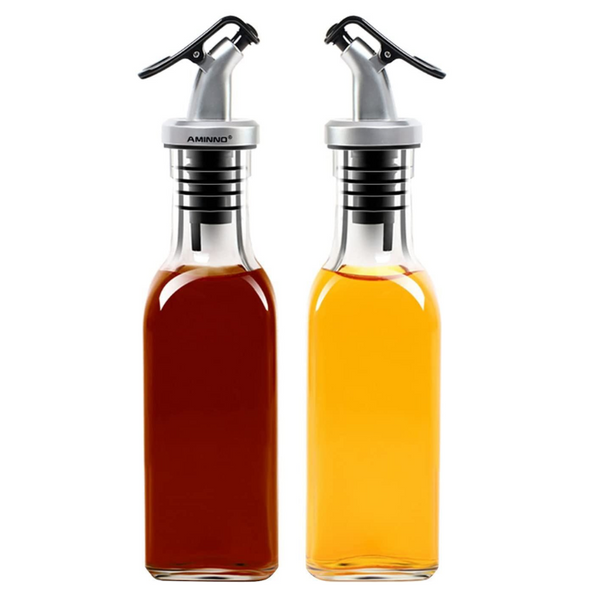Glass Oil Dispenser Bottles & Condiment Spice Shakers Combo Set With Storage Base (2 x 175ml Oil Bottles & 2 x 90ml Spice Shakers)