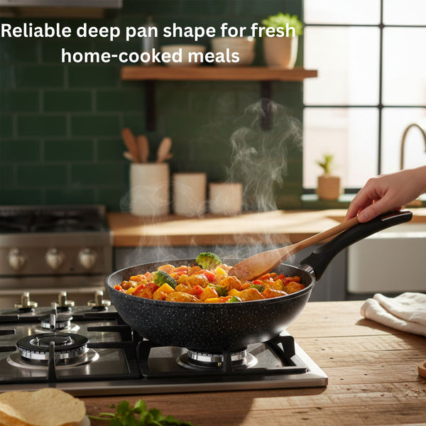 24cm Deep Frying Pan with Lid | Non-Stick Granite Coating, Induction Safe – Houszy