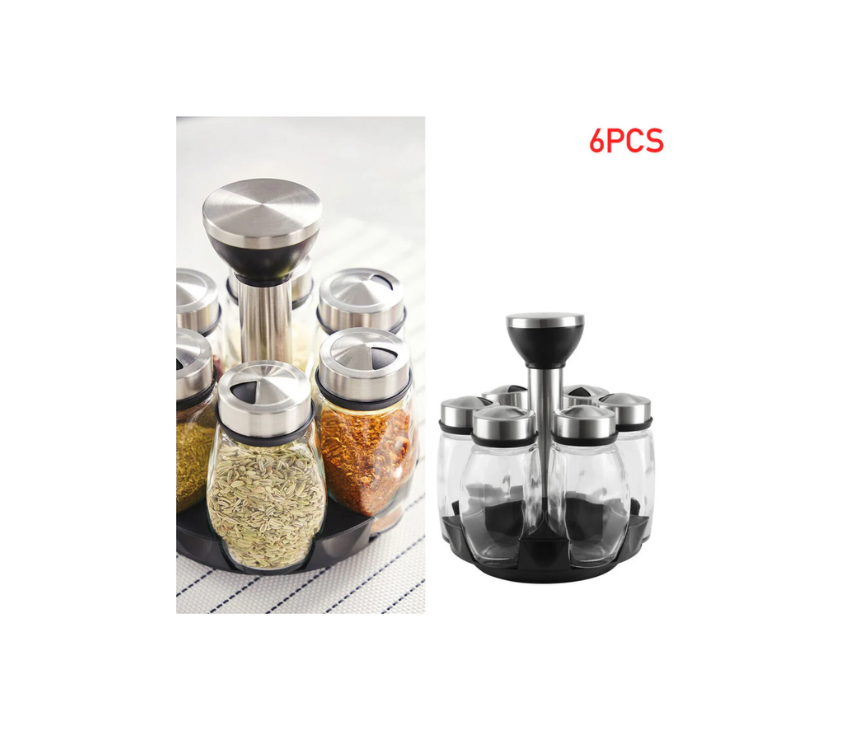 Glass Spice Shakers With Airtight Stainless Steel Lids & Rotating Spice Rack