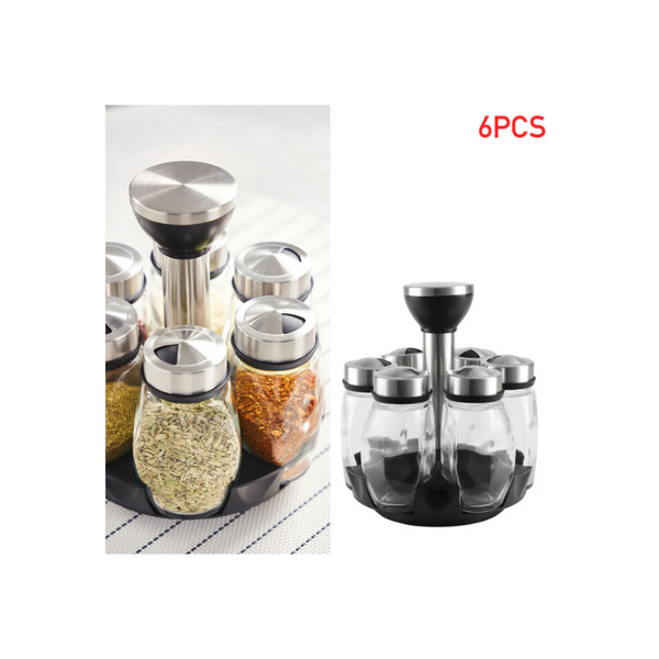 Glass Spice Shakers With Airtight Stainless Steel Lids & Rotating Spice Rack