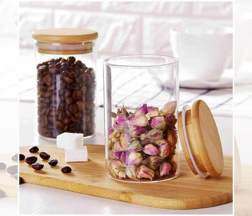 Glass Storage Jar with Airtight  Bamboo Lids,  Ideal for Candy, Spice, Coffee Beans