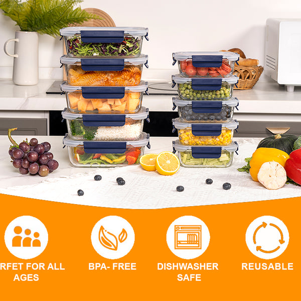 Glass Meal Prep Containers With Snap Lock Lids - Set Of 10 (Blue) - Houszy