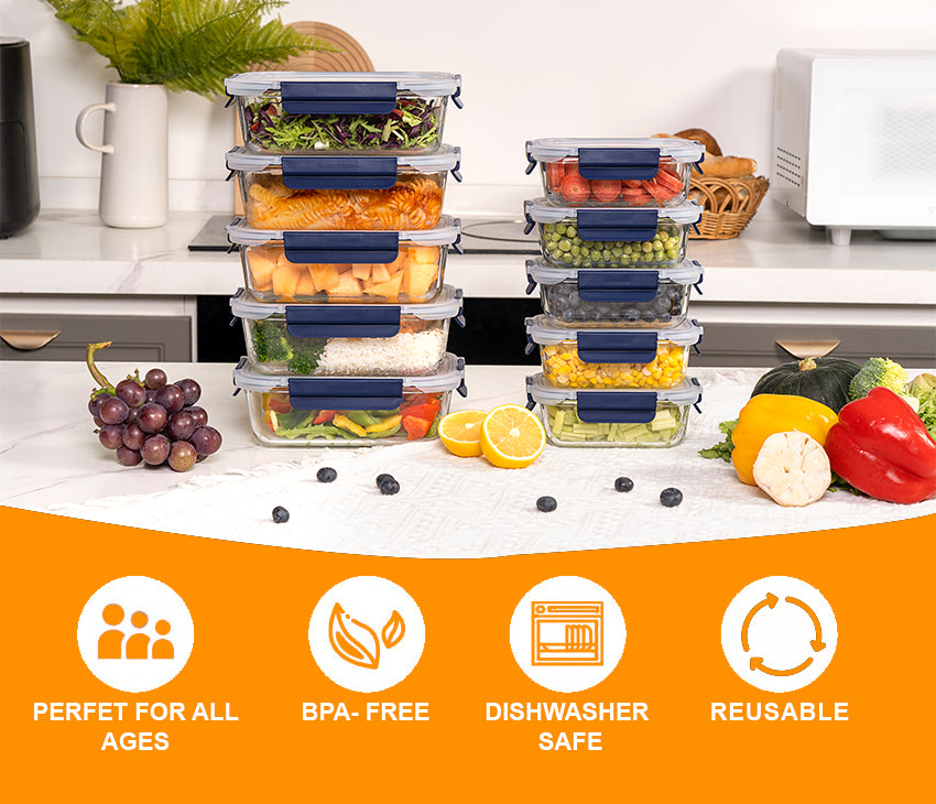Glass Meal Prep Containers With Snap Lock Lids - Set Of 10 (Blue) - Houszy