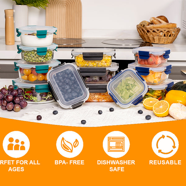 Glass Meal Prep Containers With Snap Lock Lids - 24pcs Set - Houszy