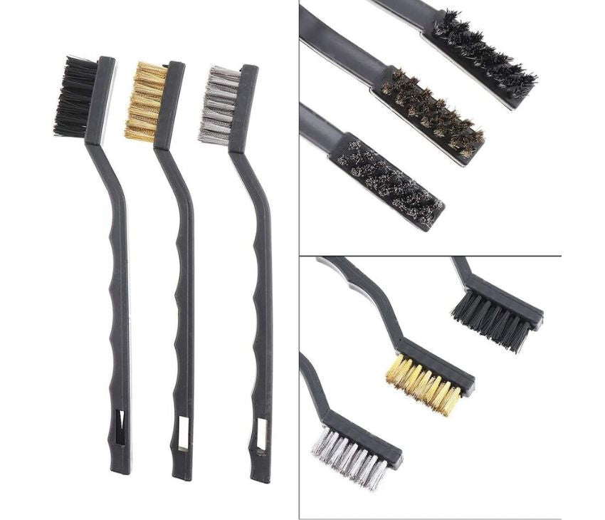 Mini Wire Brush Set Steel Brass Nylon Cleaning Polishing 3pc Black