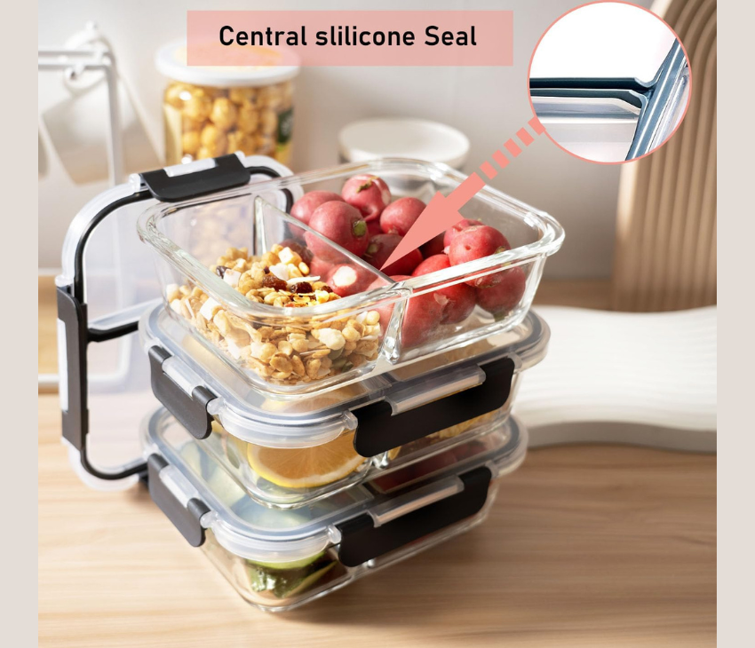 2-Compartment Glass Meal Prep Containers With Snap Lock Lids–Set Of 3