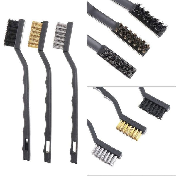 Mini Wire Brush Set Steel Brass Nylon Cleaning Polishing 3pc Black