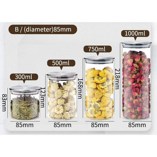 Glass Storage Jars with Stainless Steel Lids-Set of 4, Suitable for Candy & Spice