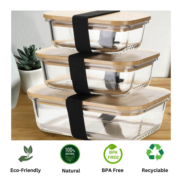 Glass Food Storage Containers with Bamboo Lids & 3 Stretchable Bands-Set Of 3-Houszy®