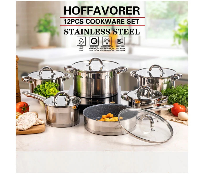 12PC Cookware Set - Saucepan Frying Pan Casserole Stainless Steel Cookware Non Stick Kitchenware Glass Lids Strong Quality Long Lasting & Durable (12 Piece Cookware Set)