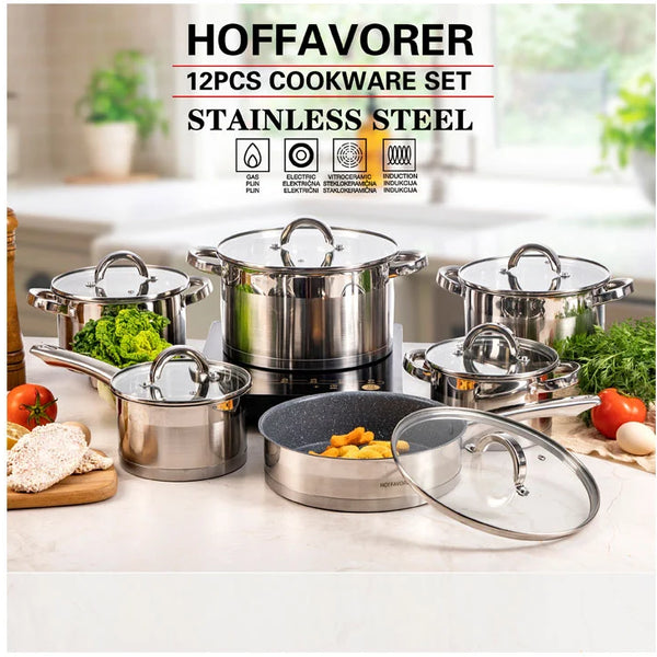 12PC Cookware Set - Saucepan Frying Pan Casserole Stainless Steel Cookware Non Stick Kitchenware Glass Lids Strong Quality Long Lasting & Durable (12 Piece Cookware Set)