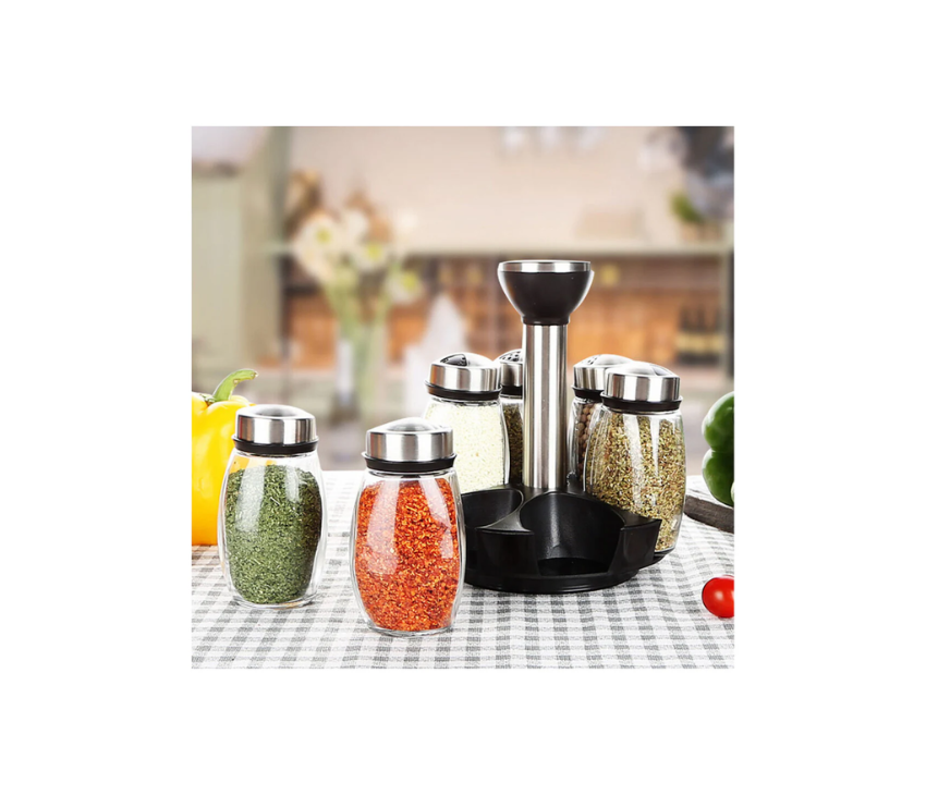 Glass Spice Shakers With Airtight Stainless Steel Lids & Rotating Spice Rack