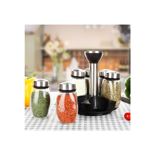 Glass Spice Shakers With Airtight Stainless Steel Lids & Rotating Spice Rack