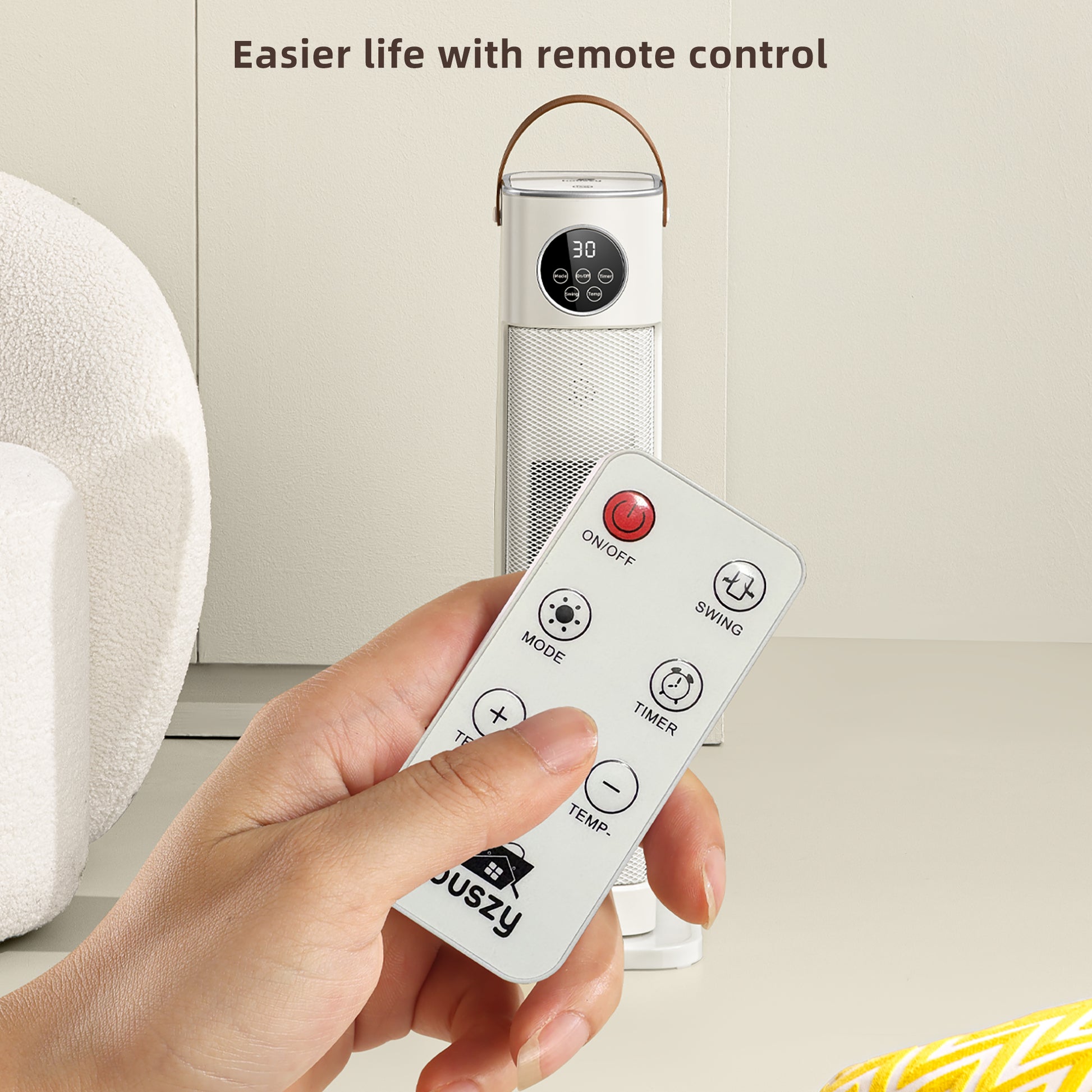 Houszy PTC Ceramic Tower Heater 2000W – Oscillating Fan Heater with Thermostat 16–35°C, 12-Hour Timer, Remote, Tip-Over & Overheat Protection, LED Display– BS Plug