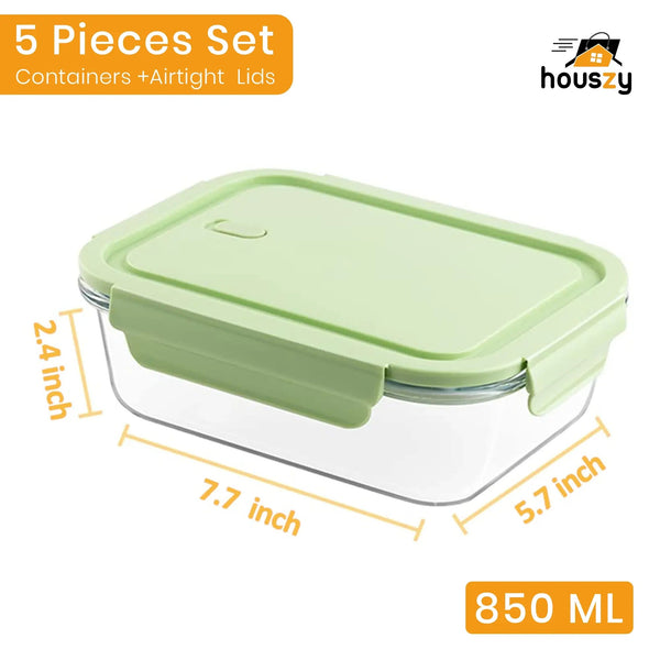 Houszy Glass Food Containers with Air-Vent Lids – 5 Pack – Mint-Green