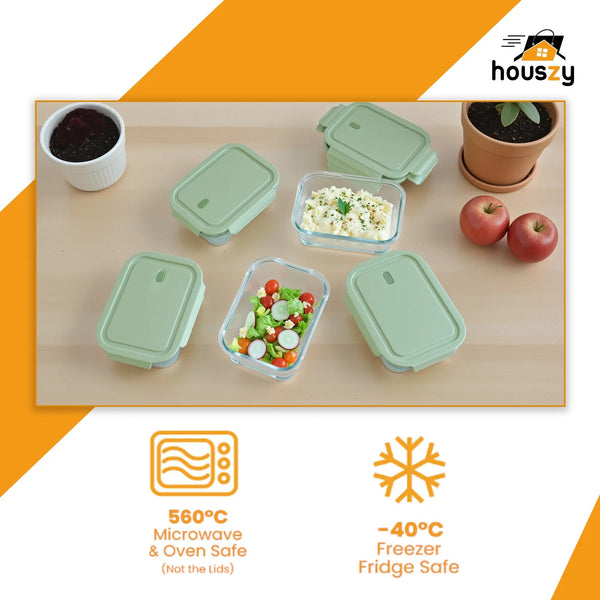 Houszy Glass Food Containers with Air-Vent Lids – 5 Pack – Mint-Green