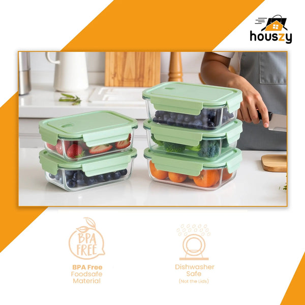 Houszy Glass Food Containers with Air-Vent Lids – 5 Pack – Mint-Green