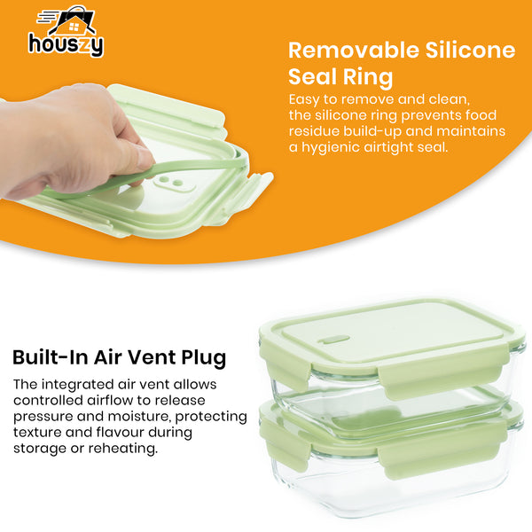 Houszy Glass Food Containers with Air-Vent Lids – 5 Pack – Mint-Green