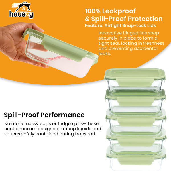 Houszy Glass Food Containers with Air-Vent Lids – 5 Pack – Mint-Green