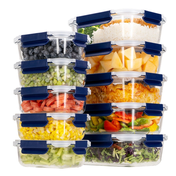 Glass Meal Prep Containers With Snap Lock Lids - Set Of 10 (Blue) - Houszy
