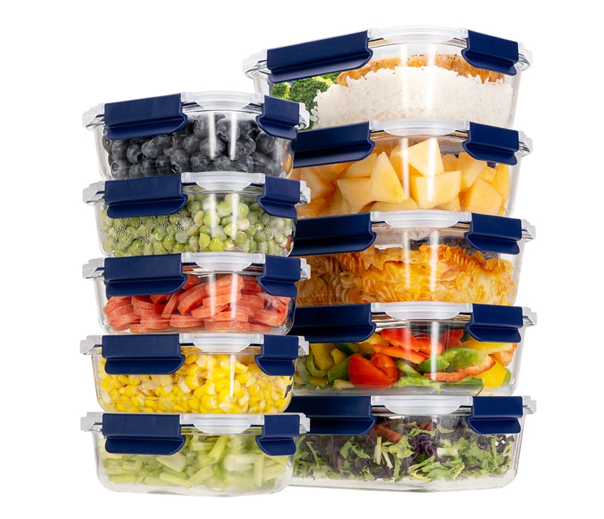 Glass Meal Prep Containers With Snap Lock Lids - Set Of 10 (Blue) - Houszy