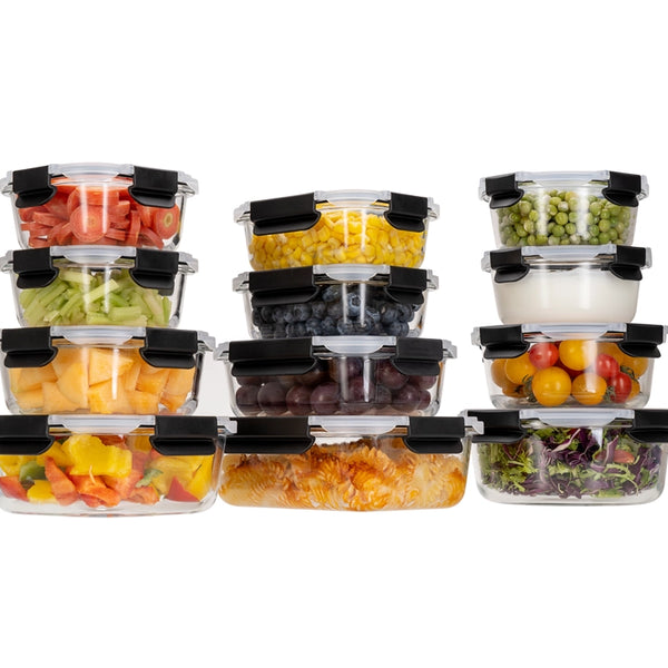 Glass Meal Prep Containers With Snap Lock Lids - 24pcs Set (Green-Blue-Black)